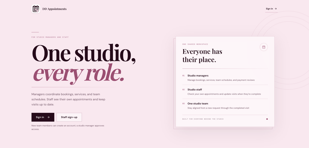 DD Appointments portal with the headline One studio, every role and manager and staff workspace information