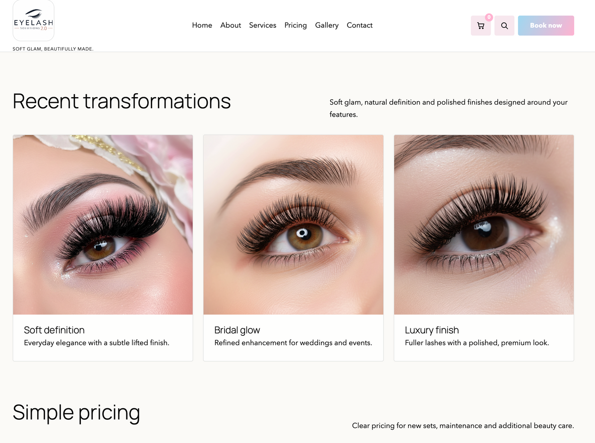 Eyelash Solutions 2.0 treatment gallery showing three lash styles and the introduction to service pricing.