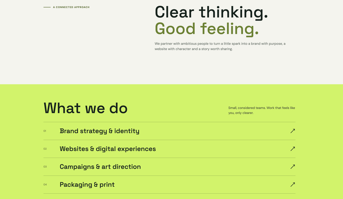 Fieldnote studio introduction and lime services section listing branding, websites, campaigns and packaging.