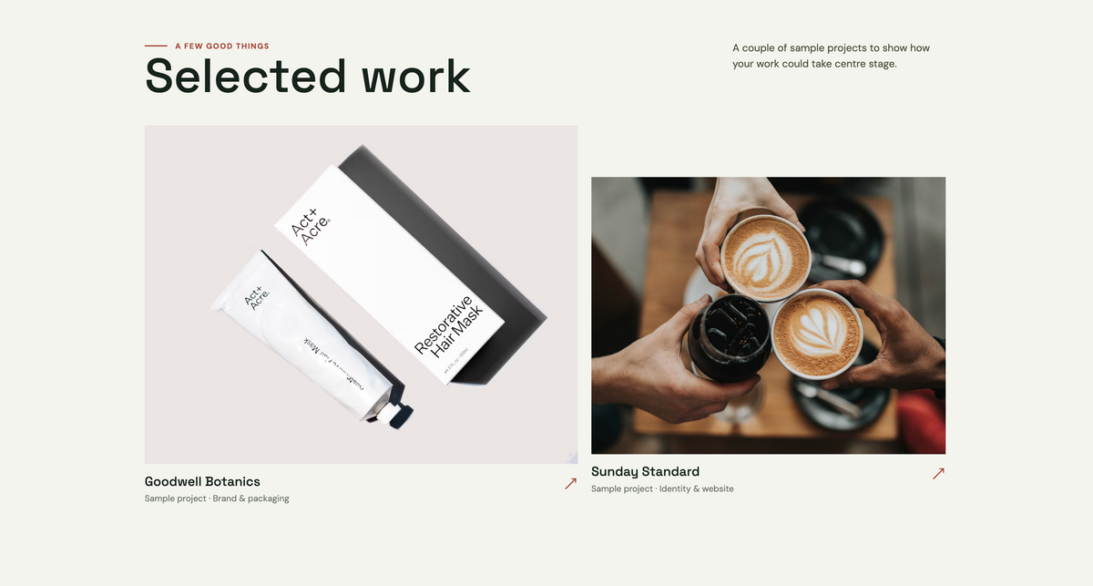 Fieldnote selected work section with sample packaging and coffee brand project cards.