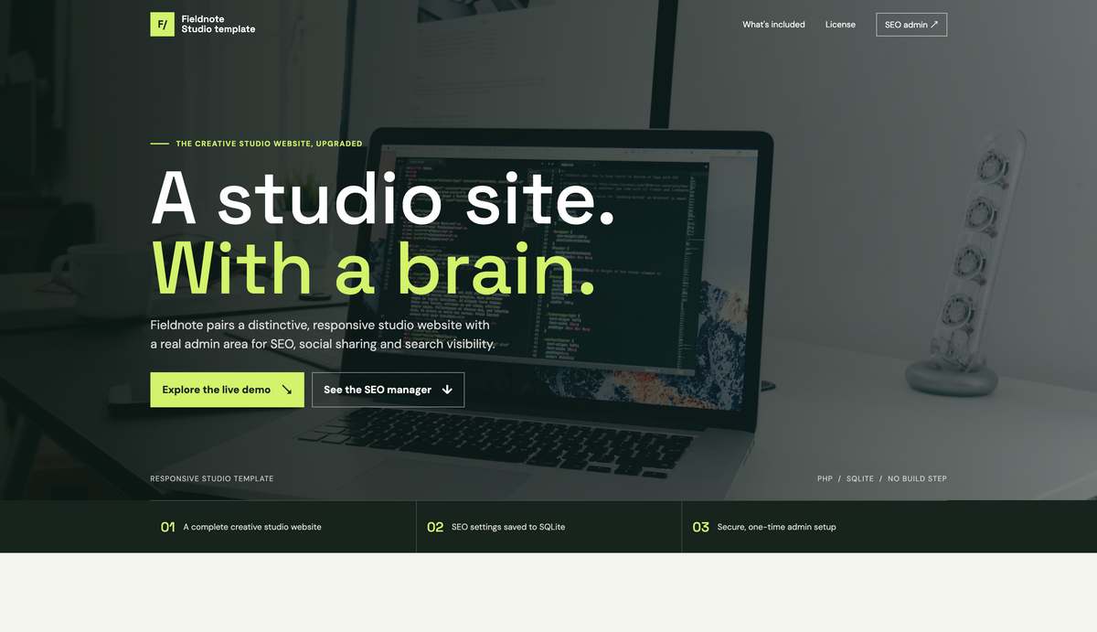 Fieldnote product landing page with the headline A studio site. With a brain. and demo and SEO manager buttons.