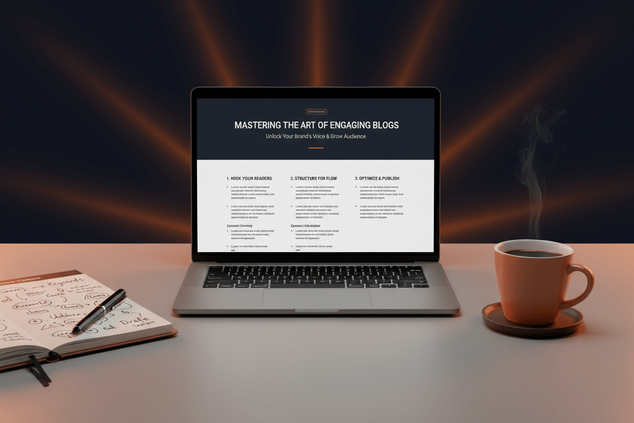 Blog Writing service by DD Network — laptop showing a well-formatted blog article being written with notepad and coffee