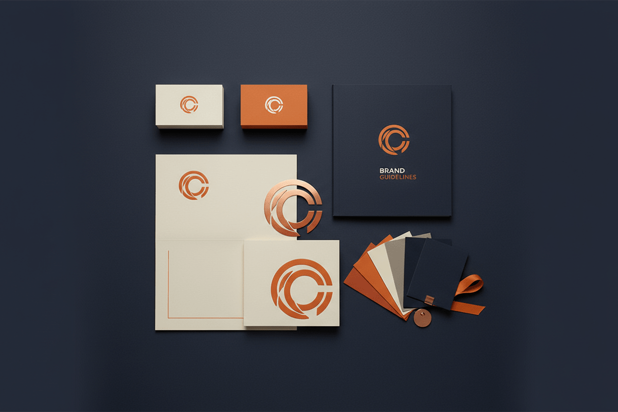 Brand Identity design package by DD Network — premium brand collateral flat lay including logo, business cards and brand guidelines