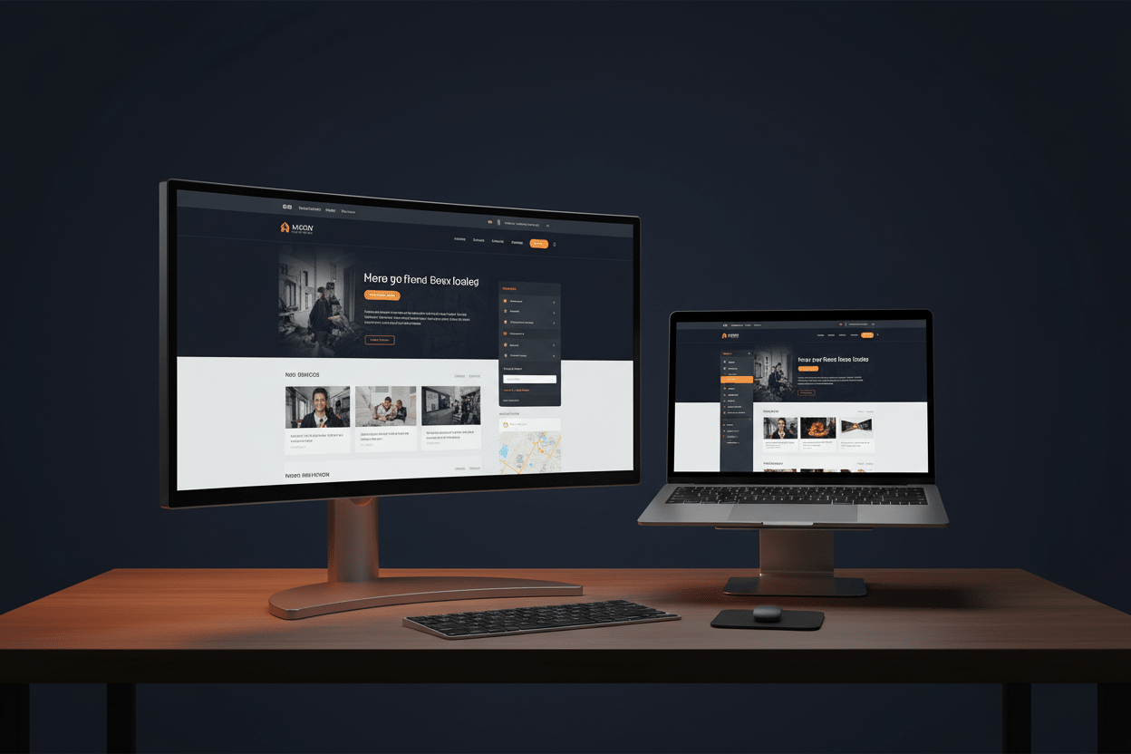 Business Website design package by DD Network — dual screen setup showing a premium business website