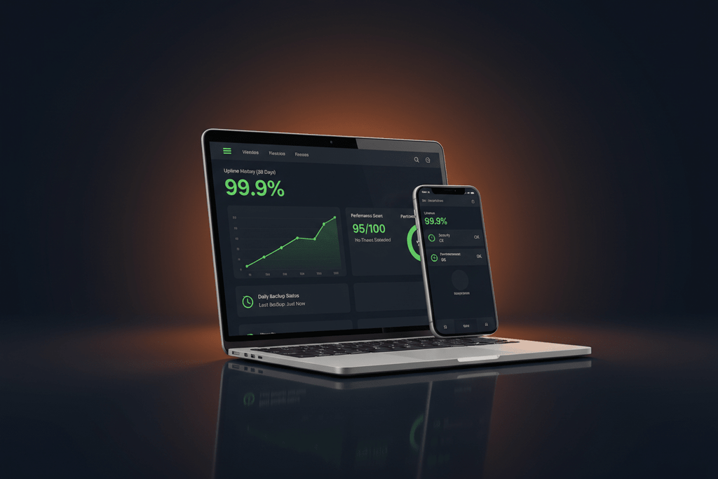 Business Website Care Plan by DD Network — laptop and phone showing a comprehensive website monitoring dashboard with healthy green metrics