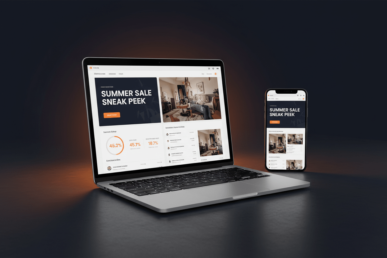 Email Marketing service by DD Network — laptop showing a designed email campaign with open rate metrics and phone showing mobile preview