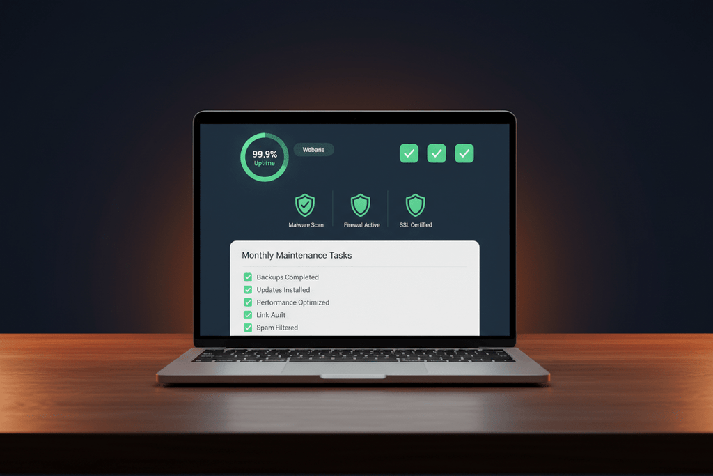 Essential Website Care Plan by DD Network — laptop showing a website health dashboard with green uptime indicators and security checks