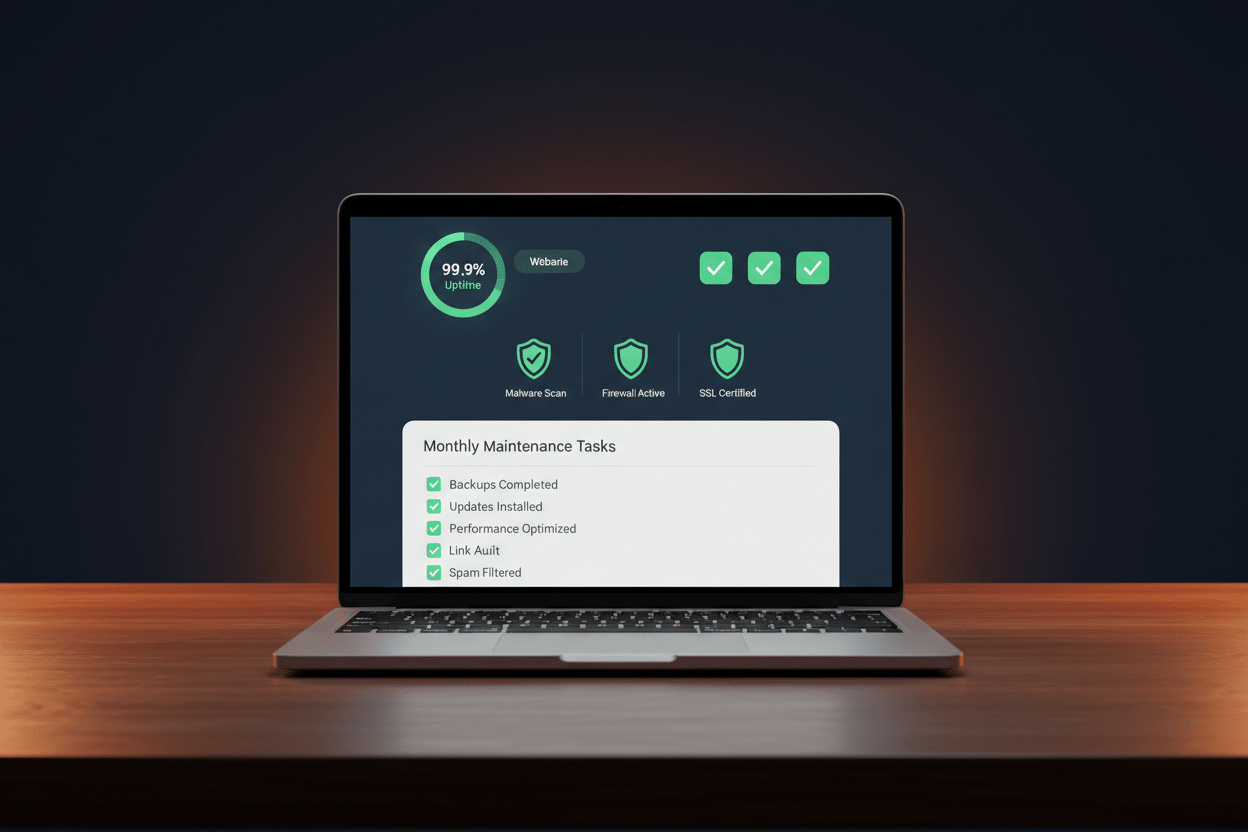 Essential Website Care Plan by DD Network — laptop showing a website health dashboard with green uptime indicators and security checks