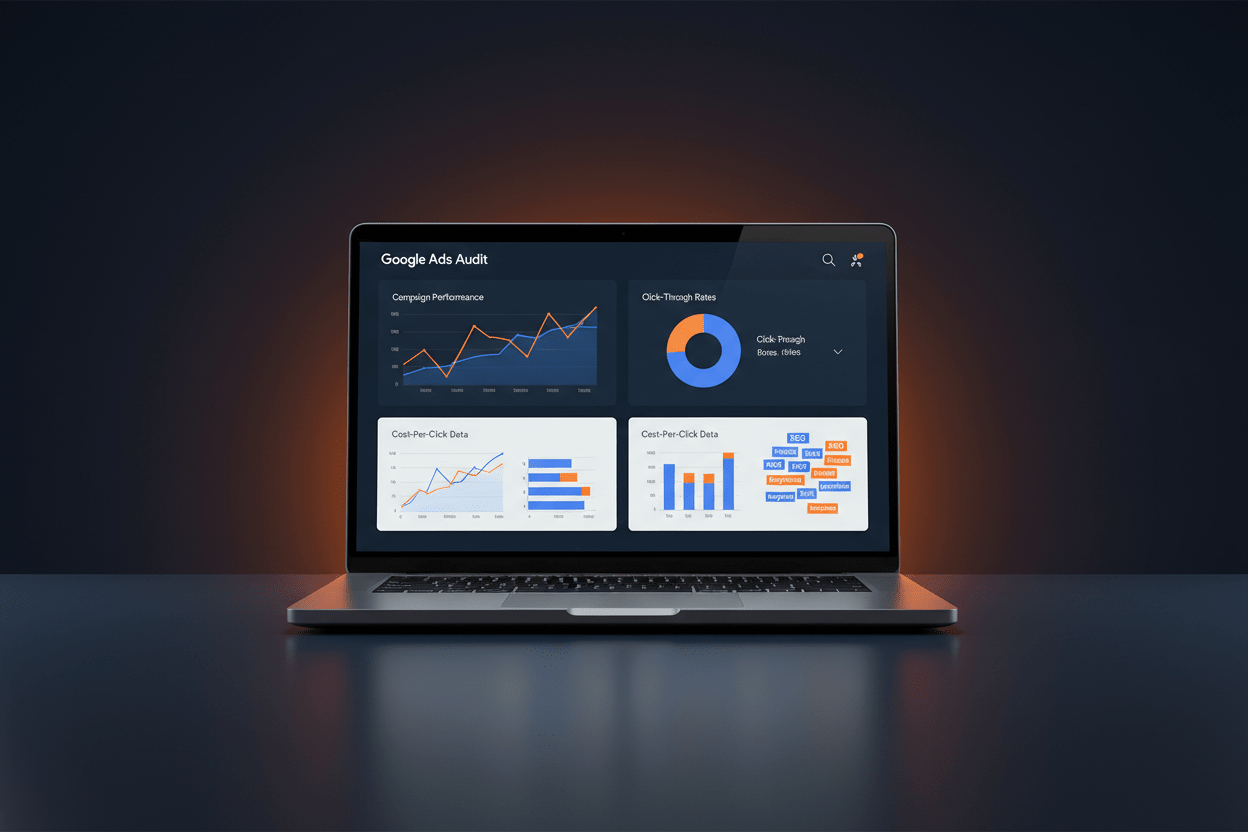 Google Ads Audit service by DD Network — laptop showing a Google Ads dashboard with campaign metrics and keyword analysis