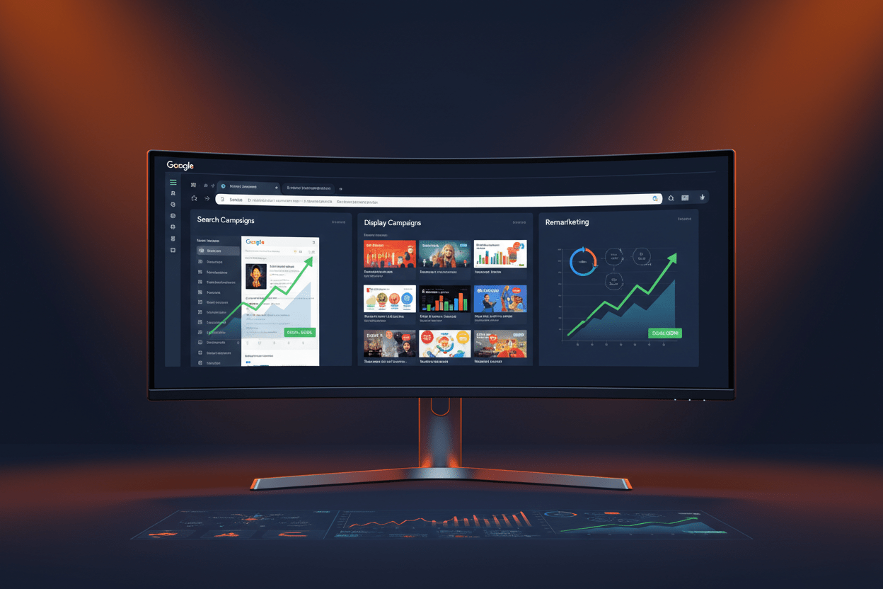 Google Ads Growth package by DD Network — monitor showing multiple Google Ads campaigns with upward trending performance metrics