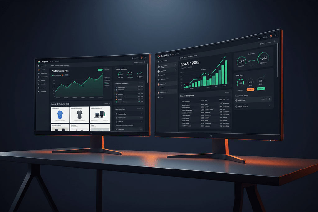 Google Ads Pro package by DD Network — dual screen setup showing Performance Max, Shopping and Search campaigns with high ROAS metrics
