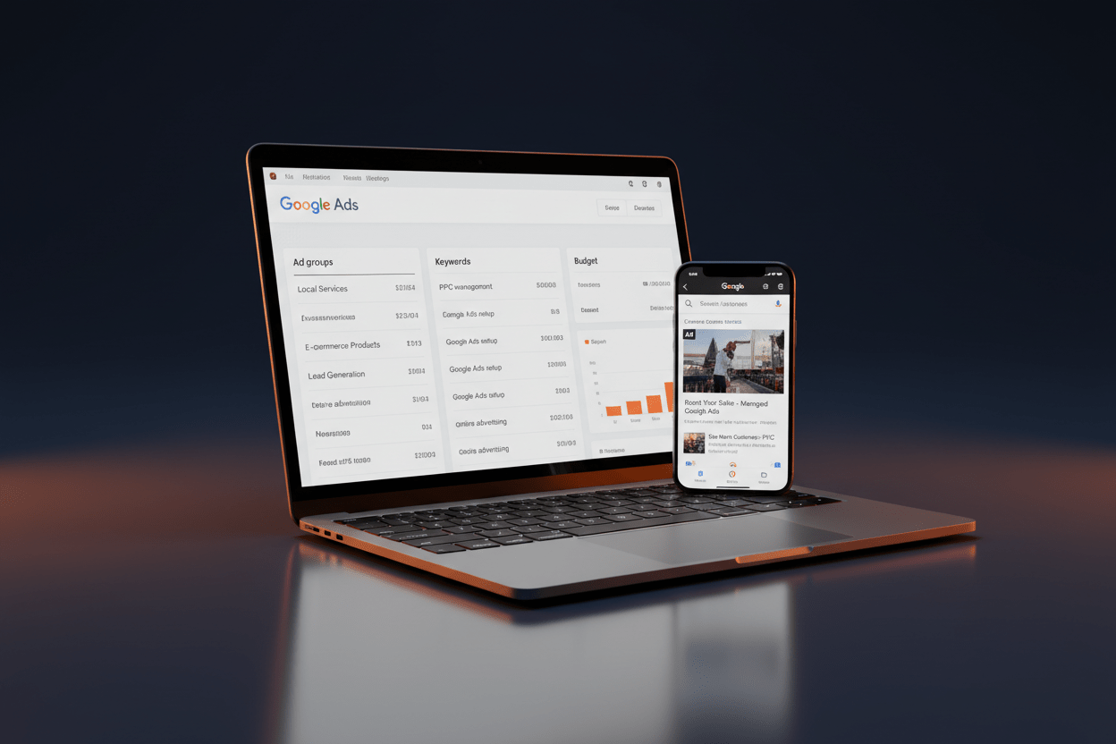 Google Ads Starter package by DD Network — laptop and phone showing Google search ads and campaign dashboard