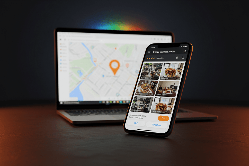 Google Business Profile setup service by DD Network — phone showing a Google Business listing with reviews and Google Maps