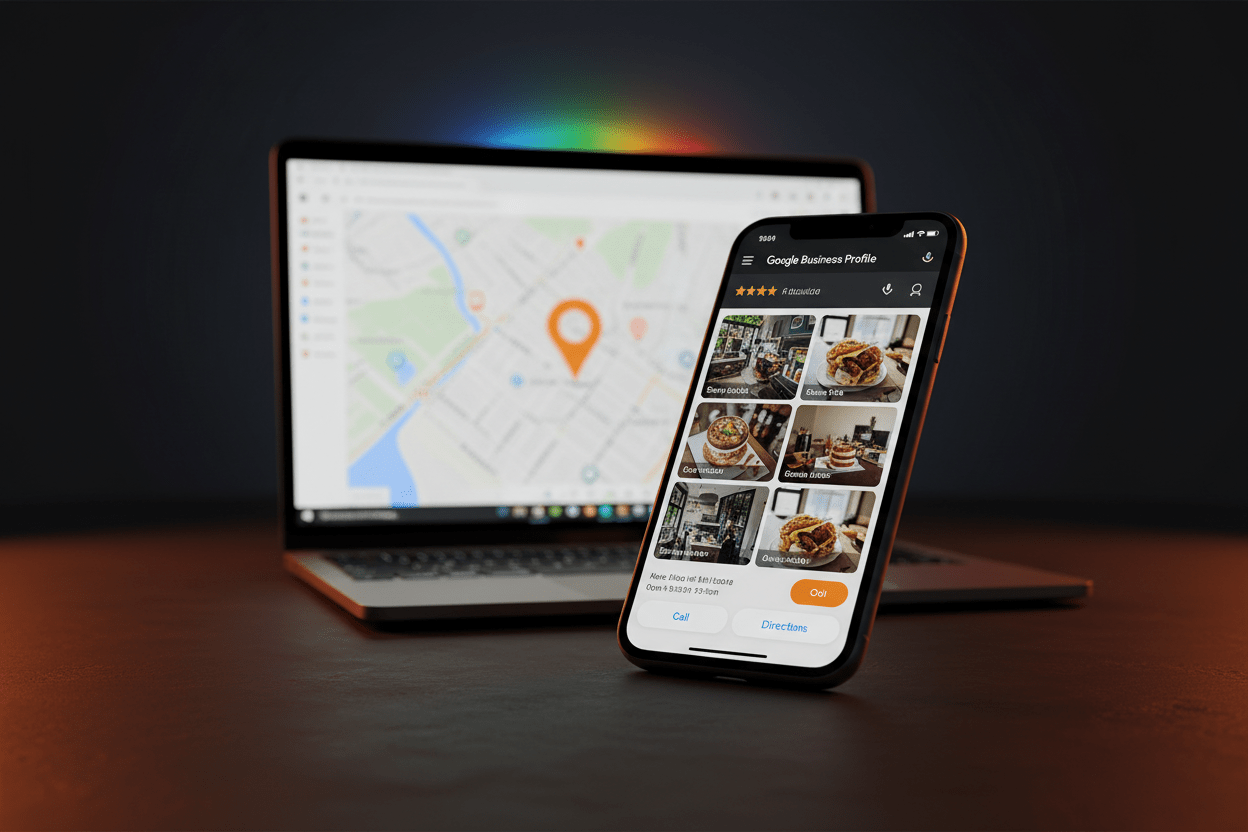 Google Business Profile setup service by DD Network — phone showing a Google Business listing with reviews and Google Maps