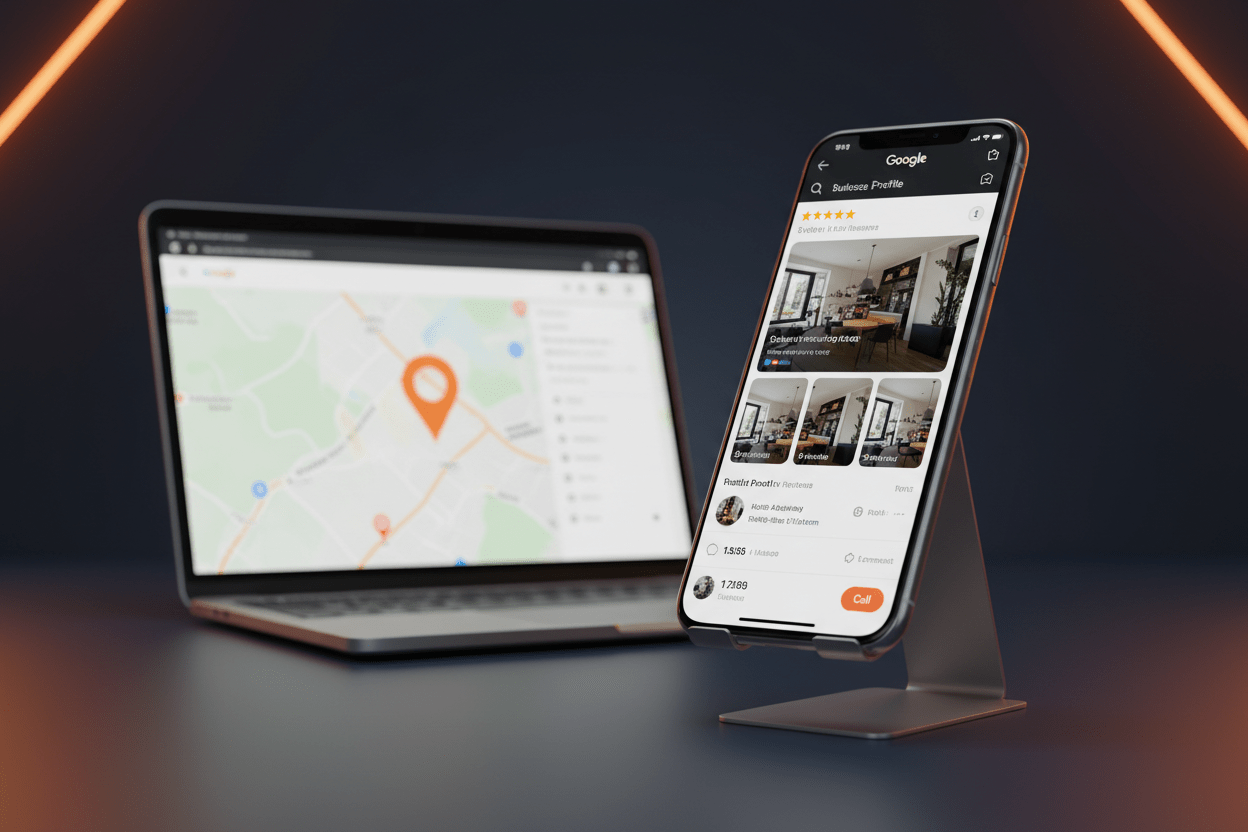 Google Business Profile Optimisation service by DD Network — phone showing a fully optimised GBP with 5-star reviews and Google Maps local ranking