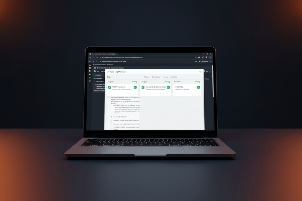 Google Tag Manager Setup service by DD Network — laptop showing GTM interface with GA4, Google Ads and Meta Pixel tags configured