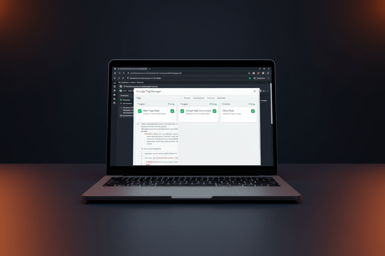 Google Tag Manager Setup service by DD Network — laptop showing GTM interface with GA4, Google Ads and Meta Pixel tags configured