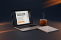 Landing Page Copywriting service by DD Network — laptop showing compelling marketing copy being written with notepad and coffee