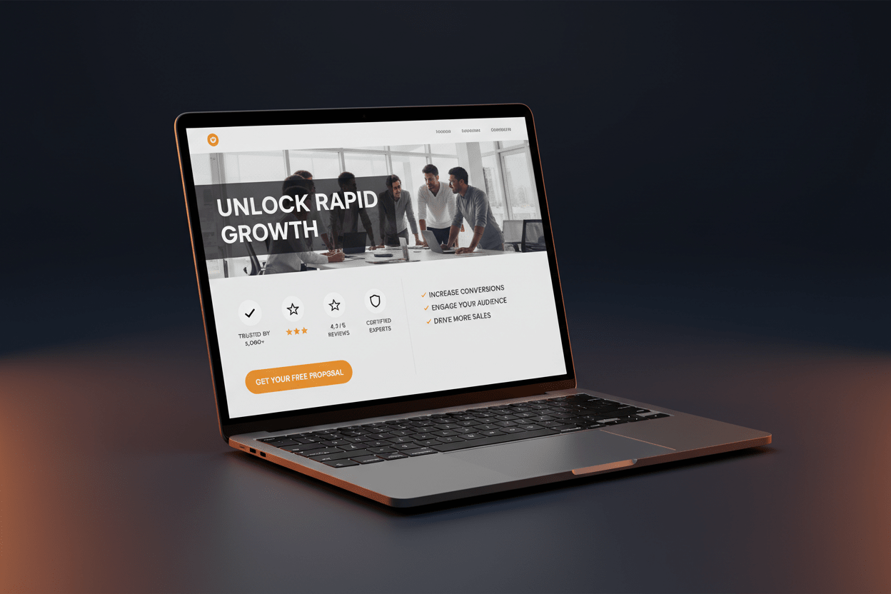 Landing Page Design service by DD Network — laptop showing a high-converting landing page with headline, trust signals and CTA button
