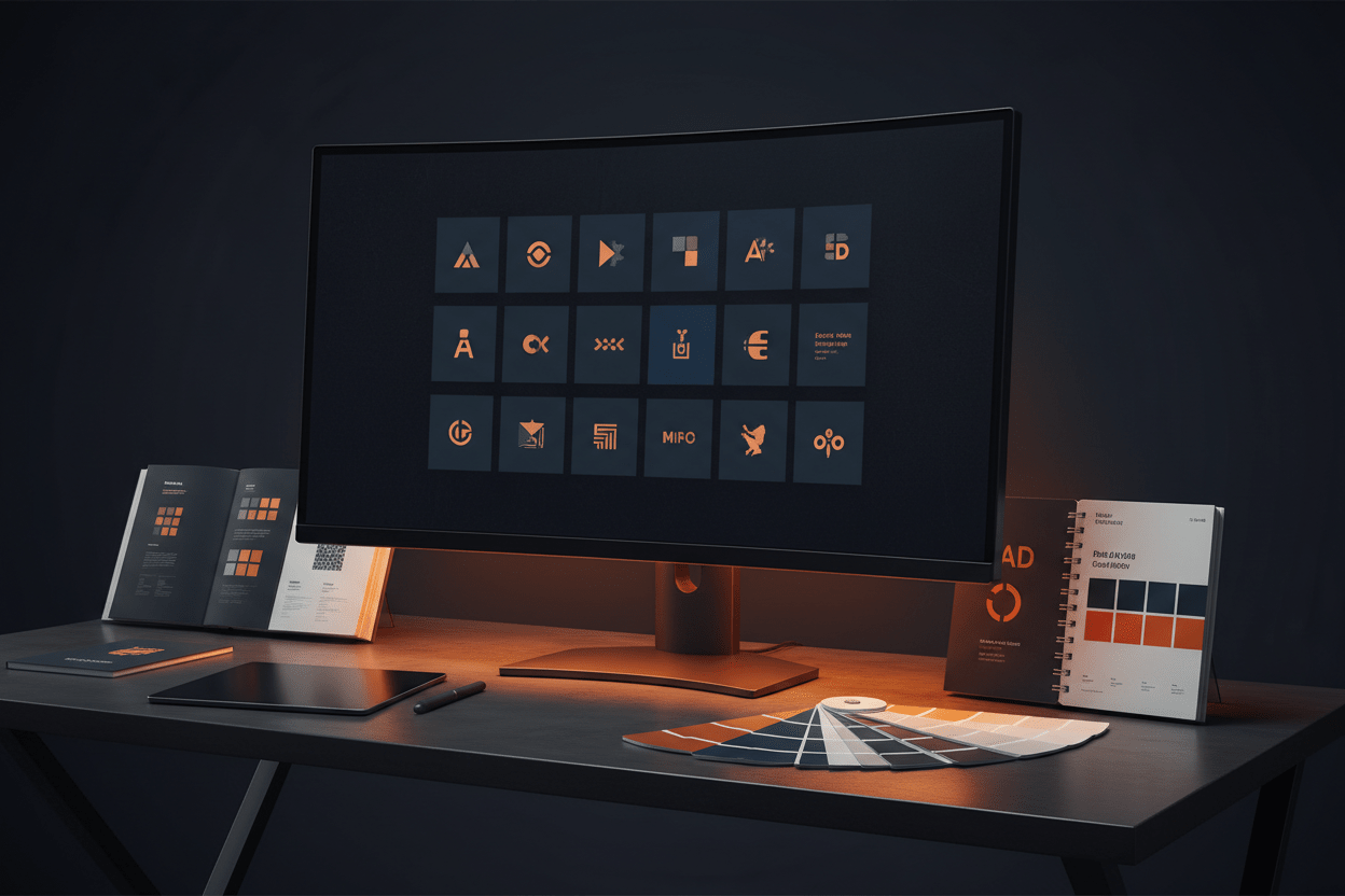 Logo Design service by DD Network — designer workspace showing logo concepts on screen