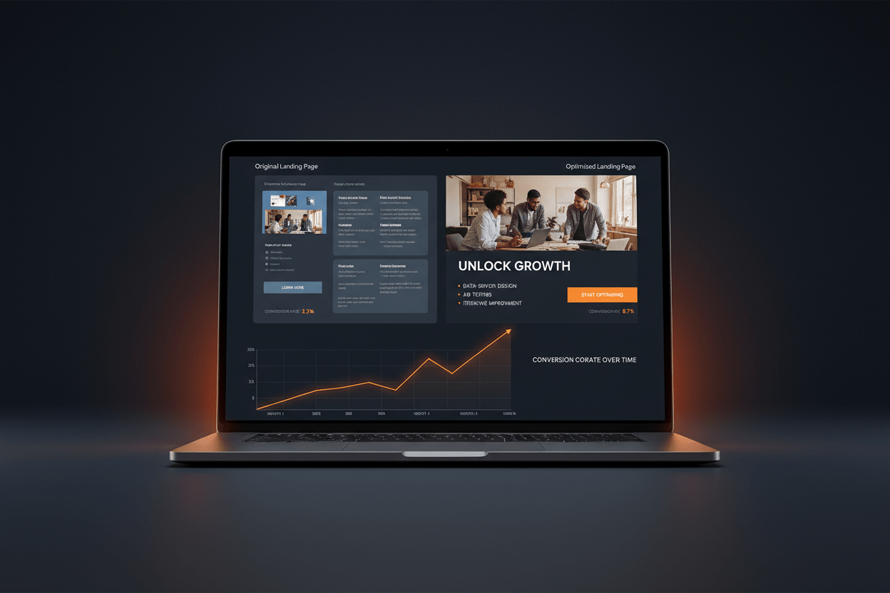 Monthly Landing Page Optimisation service by DD Network — split screen showing before and after landing page improvements with rising conversion metrics