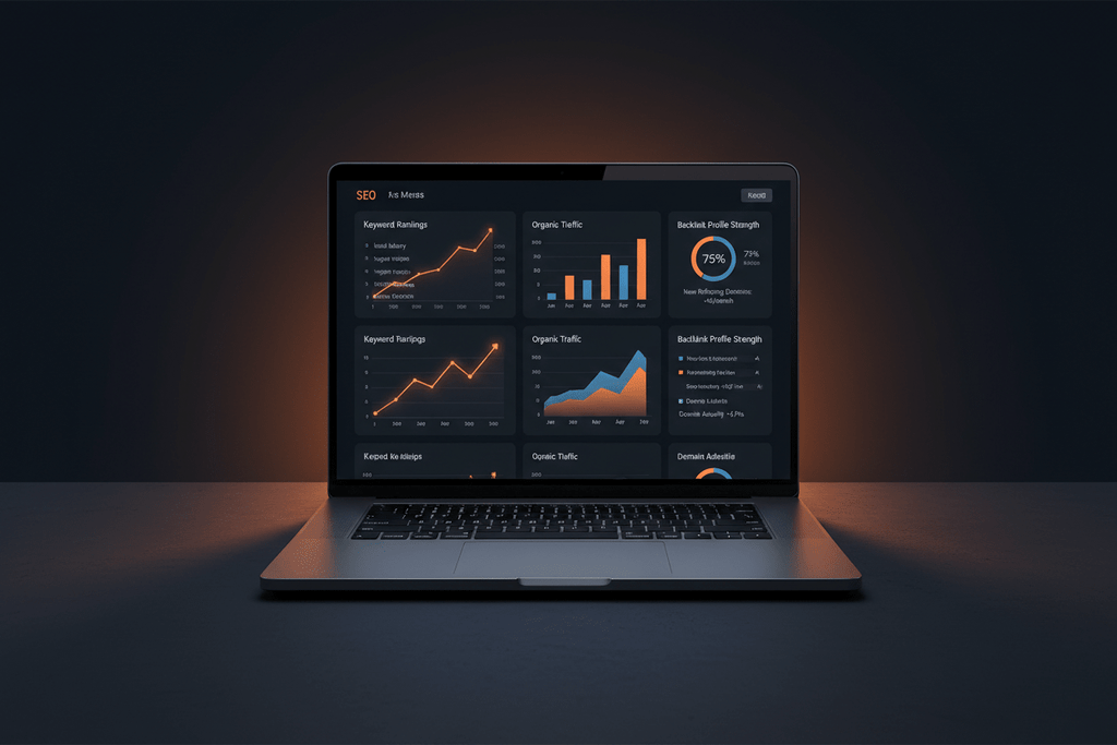 Monthly SEO service by DD Network — laptop showing keyword rankings climbing and organic traffic growth charts trending upward