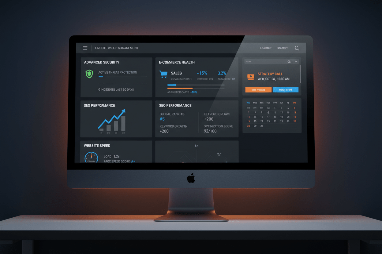 Premium Website Care Plan by DD Network — monitor showing advanced website management dashboard with SEO, e-commerce and strategy call features