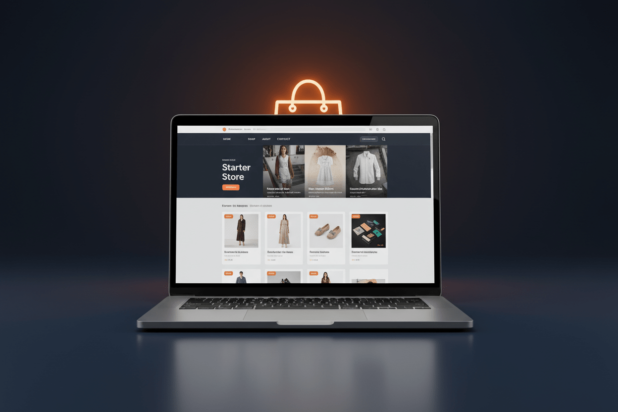 Shopify Starter store setup package by DD Network — laptop showing a beautifully designed Shopify store