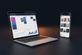 Social Media Management service by DD Network — laptop and phone showing a content calendar with scheduled posts and engagement metrics