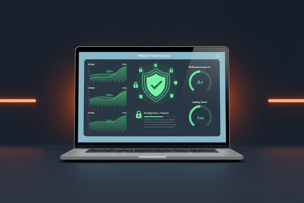 Monthly Maintenance plan by DD Network — laptop showing a website health dashboard with uptime and performance metrics