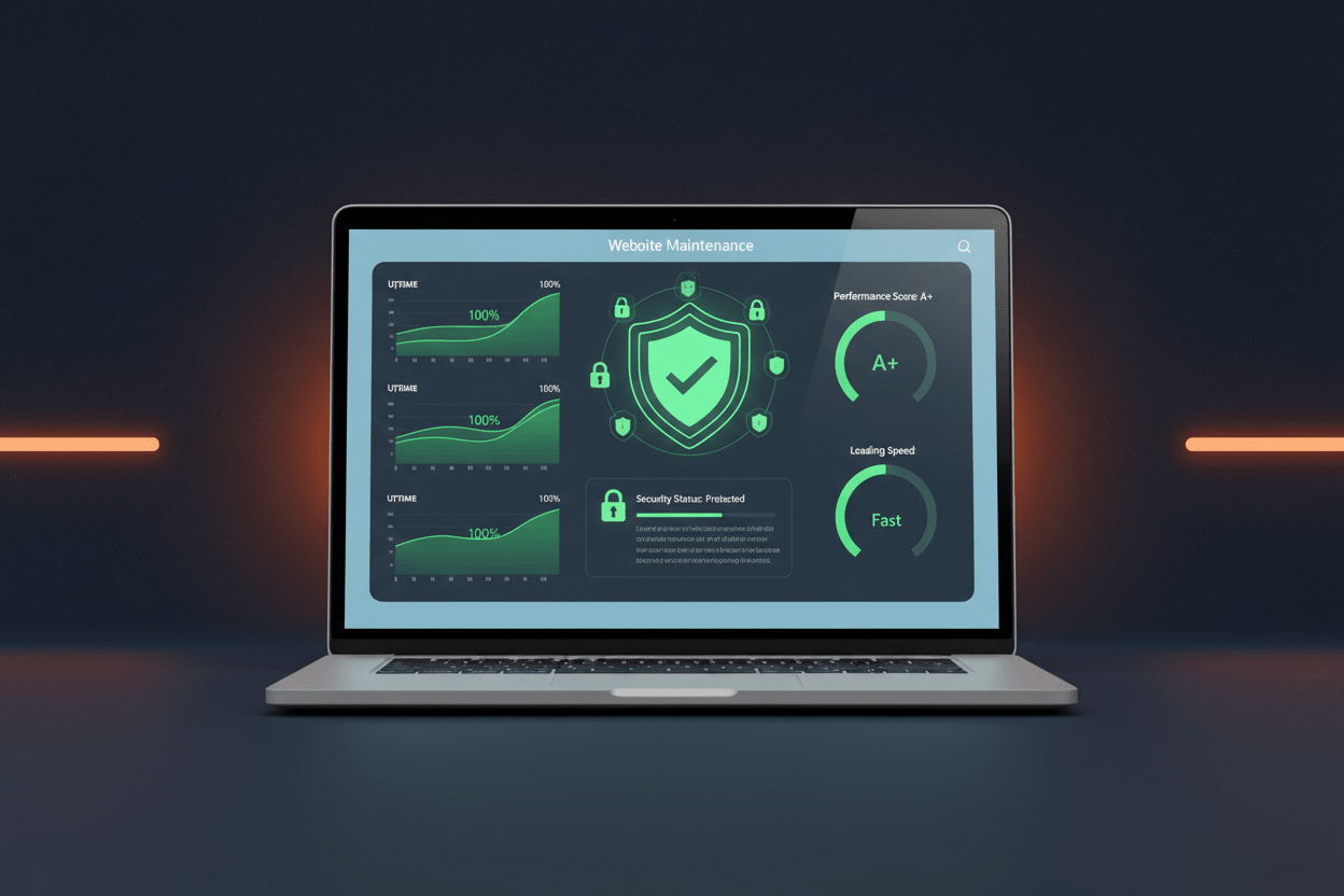 Monthly Maintenance plan by DD Network — laptop showing a website health dashboard with uptime and performance metrics
